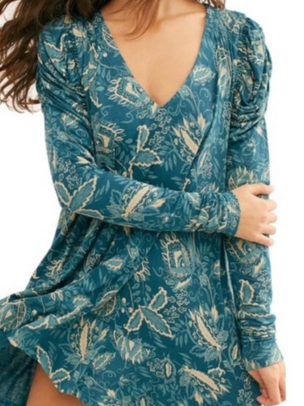 Free People Teal Floral V-Neck Long Sleeve Dress